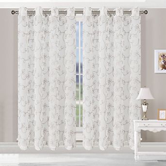 Superior Embroidered Set of 2 Scroll Sheer Grommet Window Curtain Panels