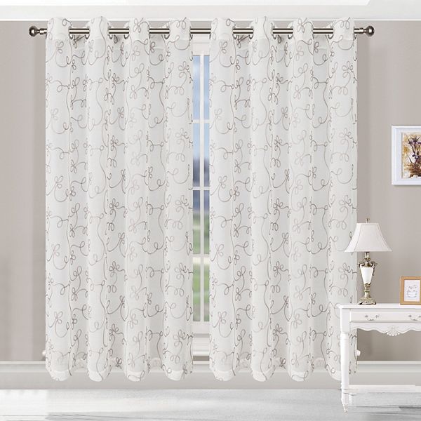 Superior Embroidered Set of 2 Scroll Sheer Grommet Window Curtain Panels