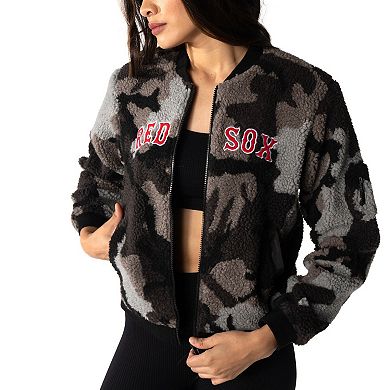 Women's The Wild Collective Black Boston Red Sox Camo Sherpa Full-Zip Bomber Jacket