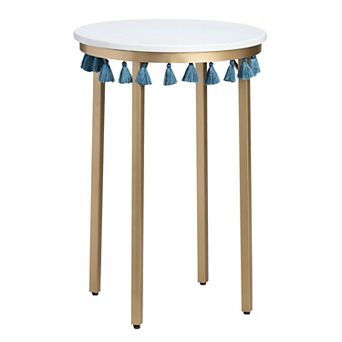 Saffron Blue Tassels Marble Top End Table
