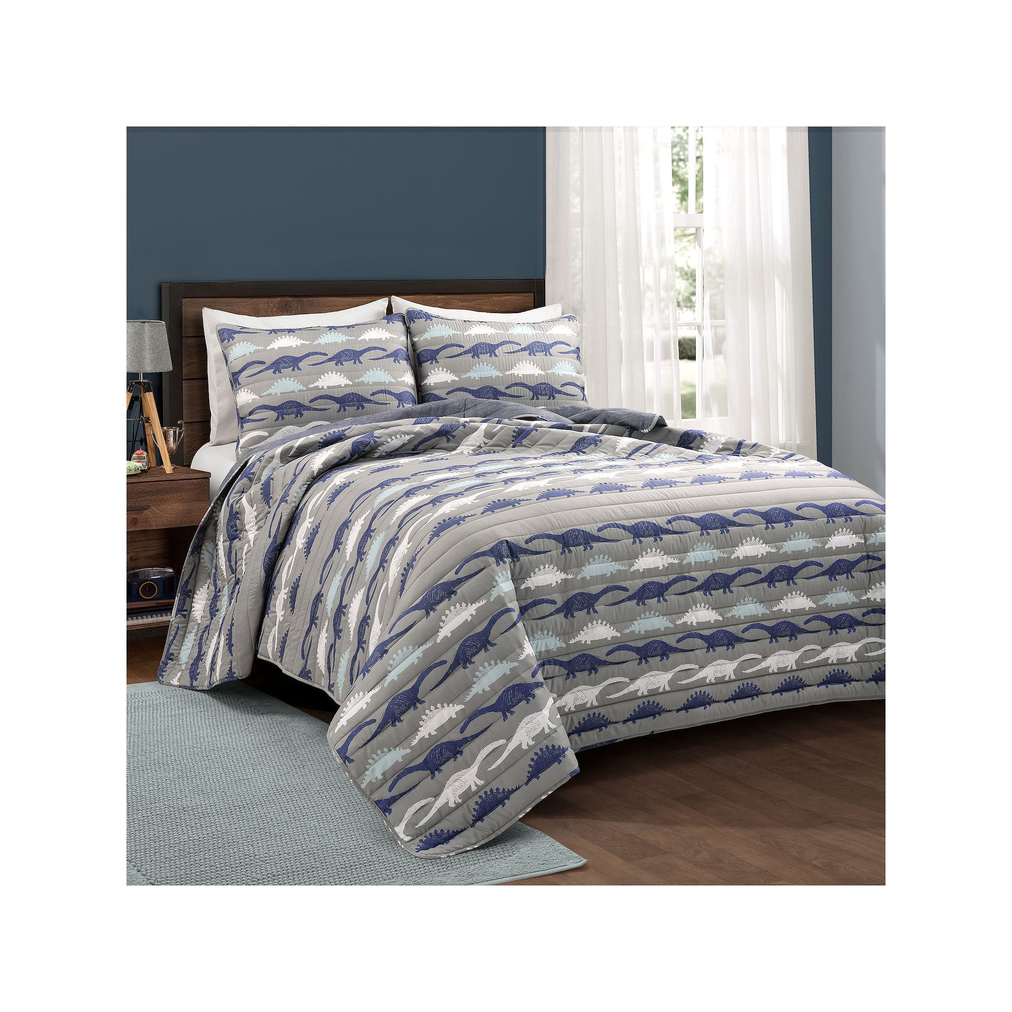 Lush Decor Stone Age Dinosaur Reversible Quilt Set with Shams, Blue