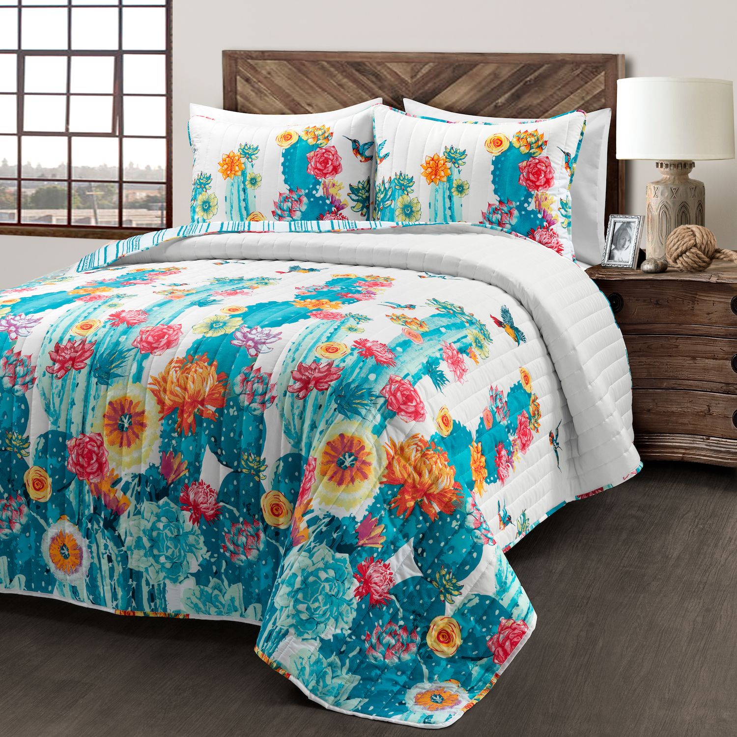 Lush Decor Southwest Vibrant Cactus Reversible Oversized Quilt Set With ...