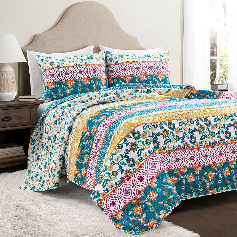 Lush Decor Emily Boho Stripe Reversible Quilt Set with Shams, Green, Full/Q