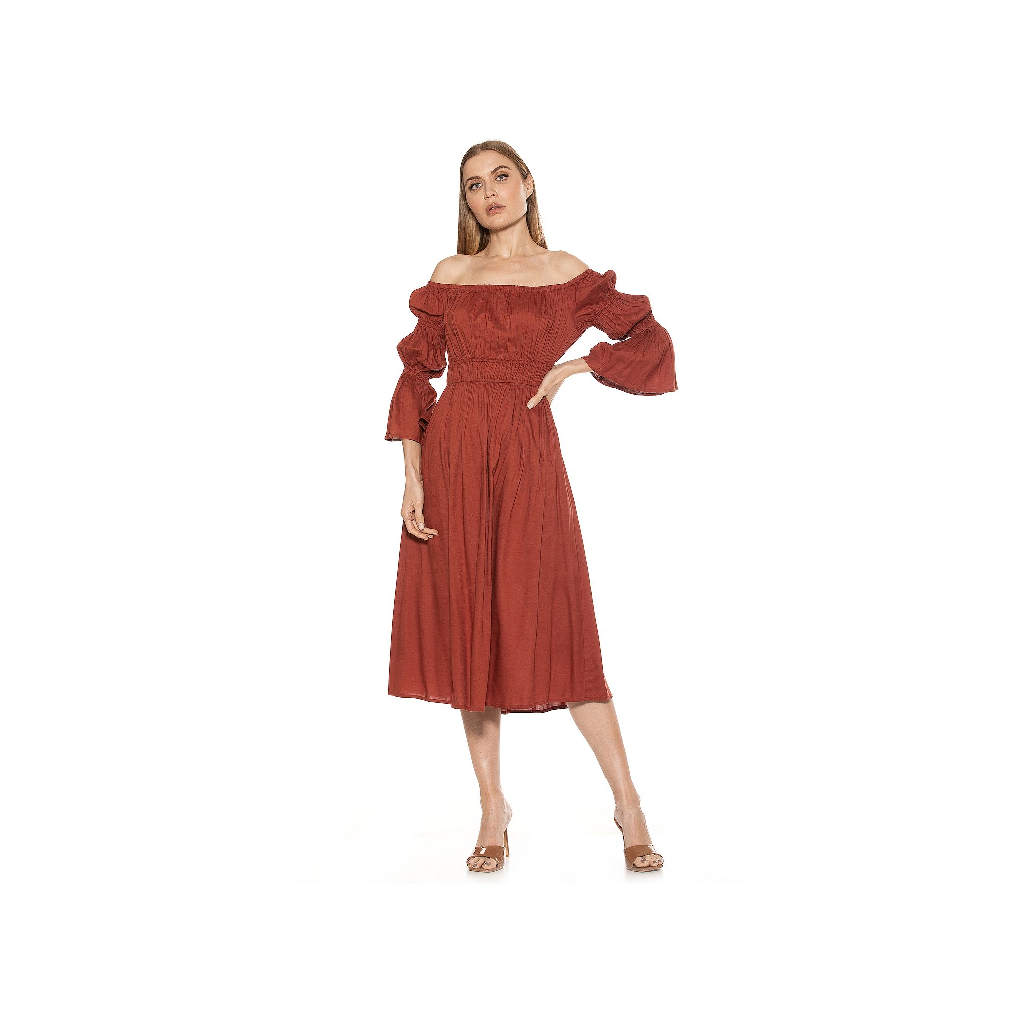 Womens ALEXIA ADMOR Rey Off-the-Shoulder Midi Dress, Size: 2, Red Brown