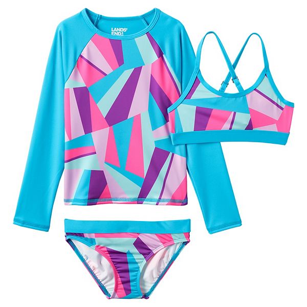 Girls 712 Slim Lands' End Rash Guard, Bikini Top & Bottoms Swimsuit Set