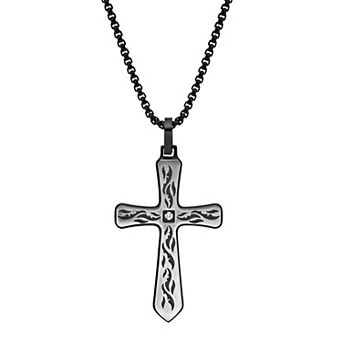 LYNX Men's Etched Black Ion-Plated Stainless Steel Cross Pendant Necklace