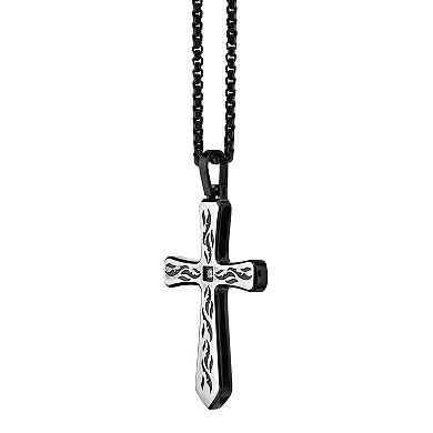 LYNX Men's Etched Black Ion-Plated Stainless Steel Cross Pendant Necklace