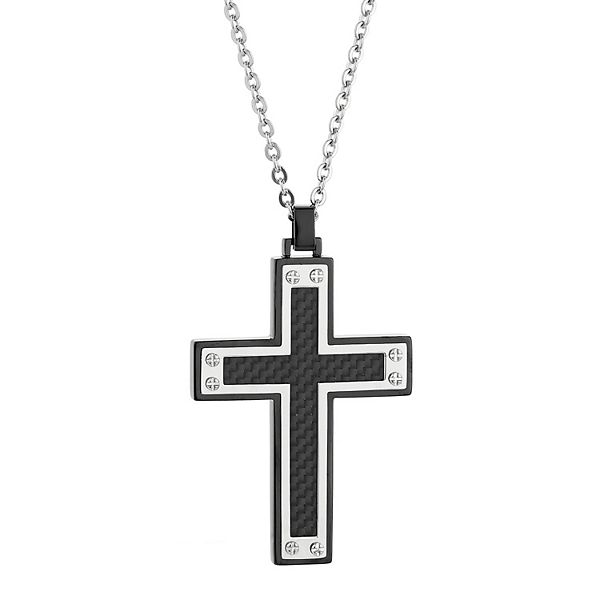 LYNX Men's Stainless Steel & Carbon Fiber Cross Pendant Necklace