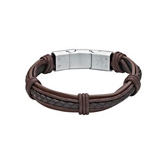 LYNX Men's Stainless Steel & Brown Leather Bracelet