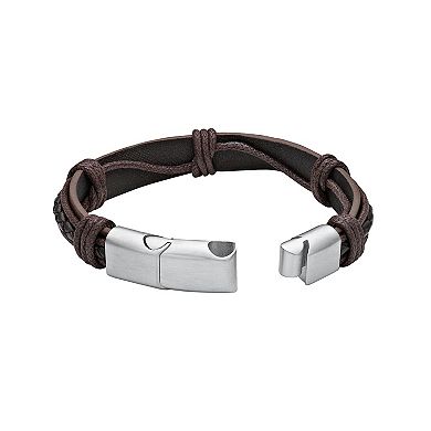 LYNX Men's Stainless Steel Brown Leather Bracelet