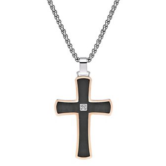 LYNX Men's Two Tone Stainless Steel Cubic Zirconia Cross Pendant Necklace