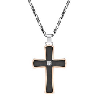LYNX Men's Two Tone Stainless Steel Cubic Zirconia Cross Pendant Necklace