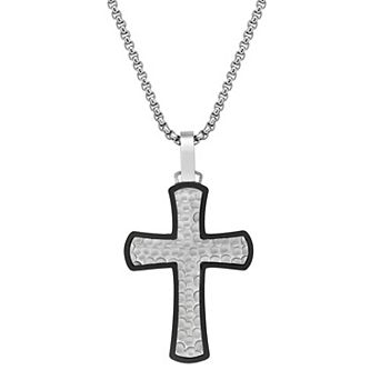LYNX Men's Black Ion-Plated Hammered Stainless Steel Cross Pendant Necklace