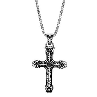 LYNX Men's Black Ion-Plated Stainless Steel Black Agate Cross Pendant Necklace
