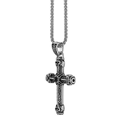 LYNX Men's Black Ion-Plated Stainless Steel Black Agate Cross Pendant Necklace