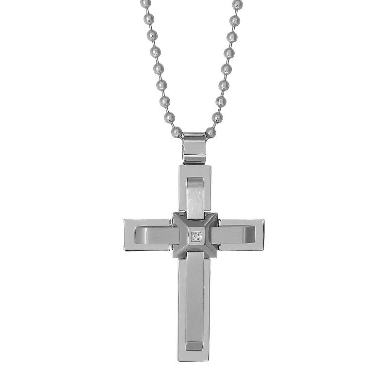 LYNX Mens Stainless Steel Cubic Zirconia Cross Pendant Necklace, Size: 22
