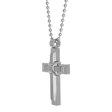 LYNX Men's Stainless Steel Cubic Zirconia Cross Pendant Necklace