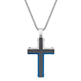 LYNX Men's Tri-Tone Stainless Steel Cross Pendant Necklace