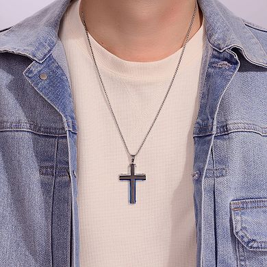 LYNX Men's Tri-Tone Stainless Steel Cross Pendant Necklace