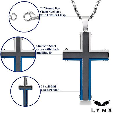 LYNX Men's Tri-Tone Stainless Steel Cross Pendant Necklace