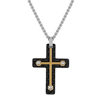 LYNX Men's Gold Tone Stainless Steel Carbon Fiber Cross Pendant Necklace