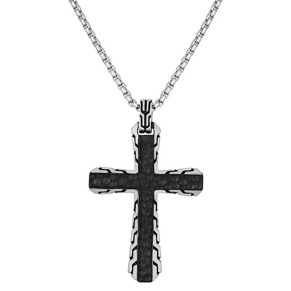 LYNX Men's Black Ion-Plated Stainless Steel Cross Pendant Necklace