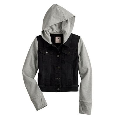 Girls 6 20 SO Favorite Hooded Denim Jacket with Knit Sleeves in Regular Plus