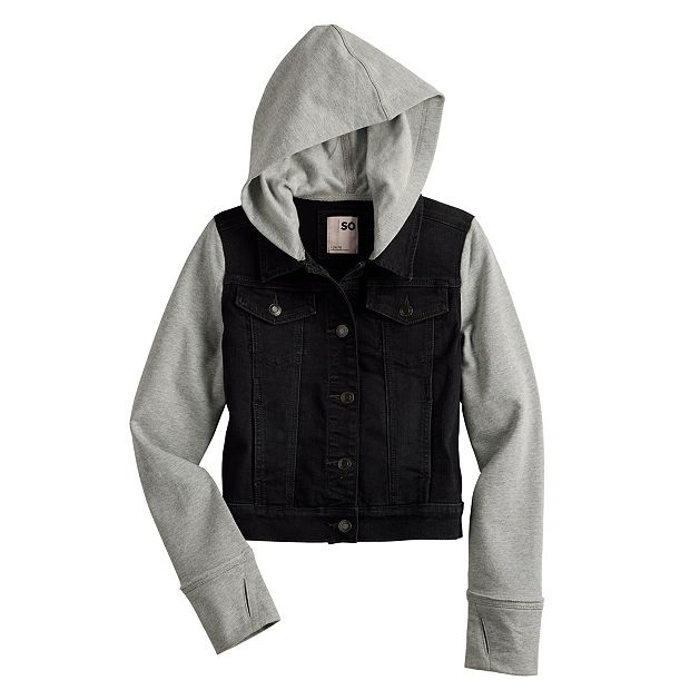 Girls 6 20 SO Favorite Hooded Denim Jacket with Knit Sleeves in