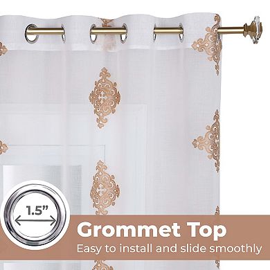 Superior Embroidered Damask Sheer 2-Pack Grommet Window Curtain Panels