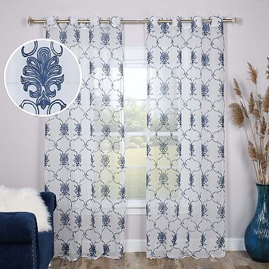 Superior Embroidered Elegant Scroll Sheer Grommet 2-Pack Window Curtain Set