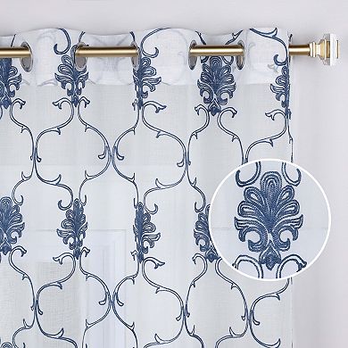 Superior Embroidered Elegant Scroll Sheer Grommet 2-Pack Window Curtain Set