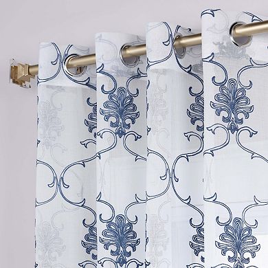 Superior Embroidered Elegant Scroll Sheer Grommet 2-Pack Window Curtain Set