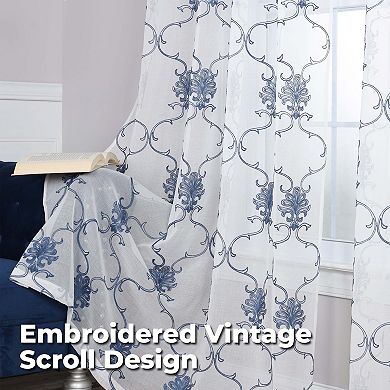 Superior Embroidered Elegant Scroll Sheer Grommet 2-Pack Window Curtain Set