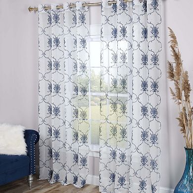 Superior Embroidered Elegant Scroll Sheer Grommet 2-Pack Window Curtain Set