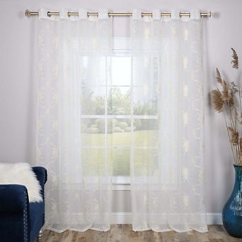 Superior Embroidered Elegant Scroll Sheer Grommet 2-Pack Window Curtain Set