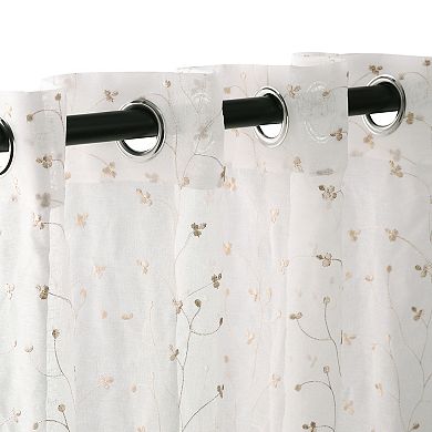 Superior Embroidered Pair of 2 Delicate Flower Sheer Grommet Window Curtain Panels