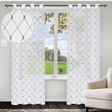 Superior Elegant Diamond Sheer Pair of 2 Grommet Window Curtain Panels