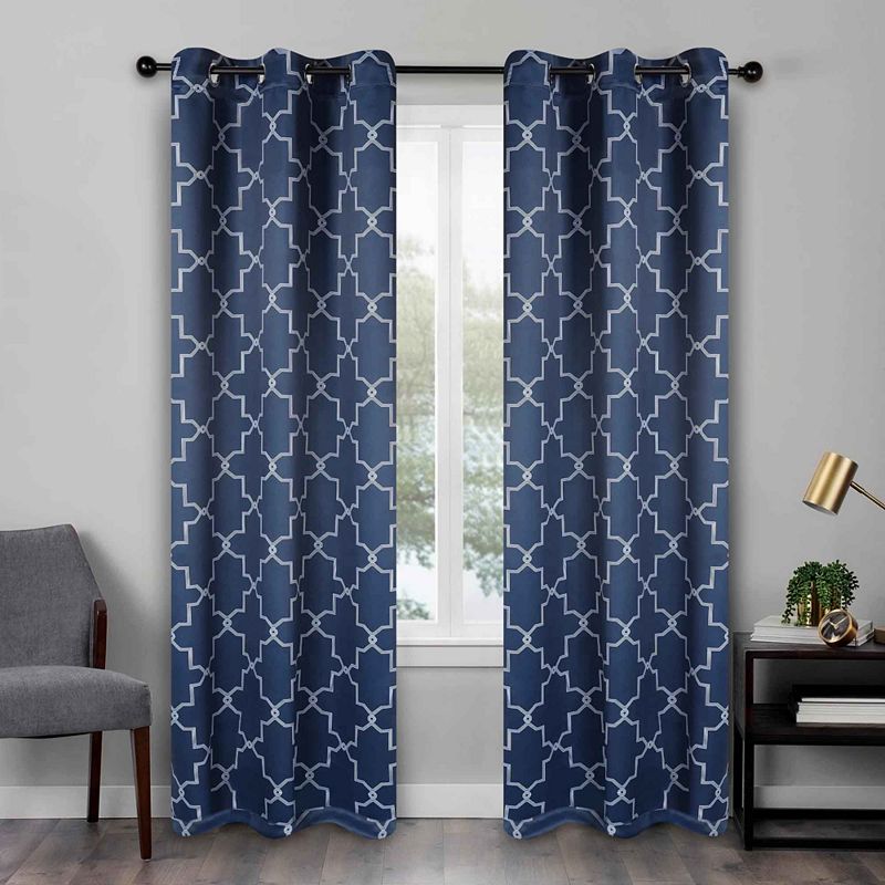 Superior Trellis Blackout Curtains  Rod Pocket  Set of 2  42  x 108   Navy Blue