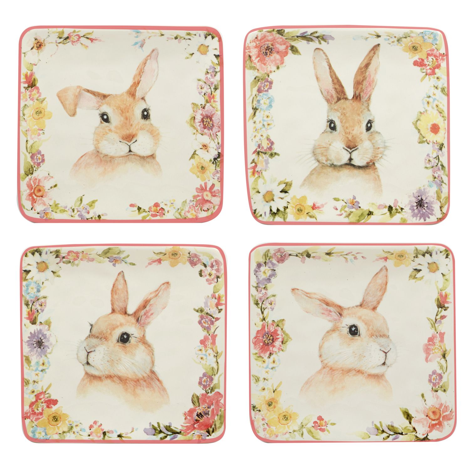 Certified International Easter Garden Dessert Plates - Set Of 4 Assorted Bunny Designs, 8.5" Ceramic