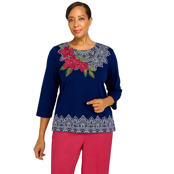 Women's Alfred Dunner Happy Hour Floral Medallion Yoke Top