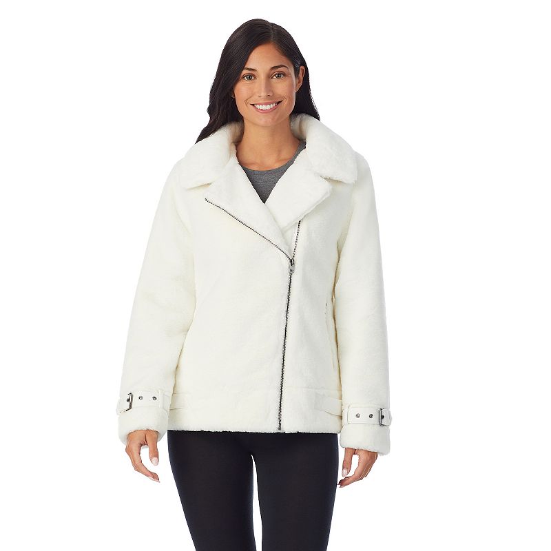 Womens Cuddl Duds Fleece Faux-Fur Moto Jacket, Size: XS, White