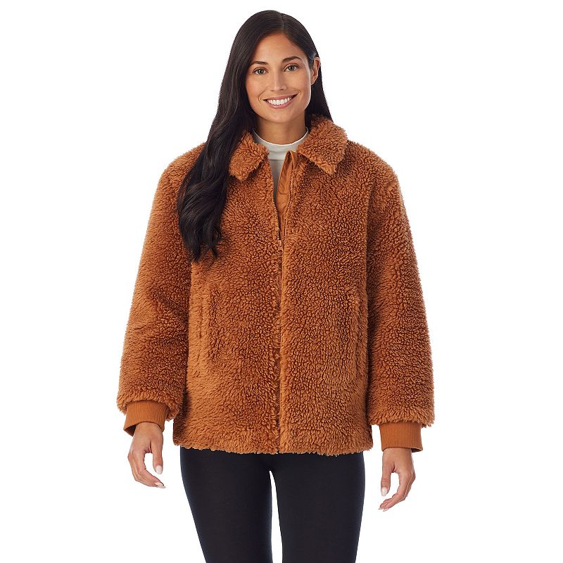 Womens Cuddl Duds Sherpa Bomber Jacket, Size: XS, Brown