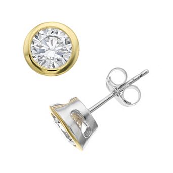 Two Tone Sterling Silver Cubic Zirconia Stud Earrings
