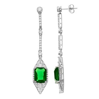 Sterling Silver Green & White Cubic Zirconia Drop Earrings