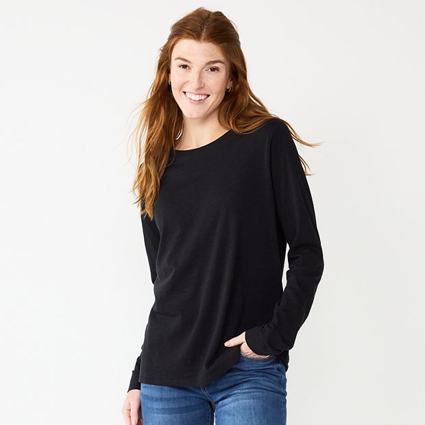 Famulily Womens Waffle Knit Long Sleeve Basic T-Shirt, Black, Medium