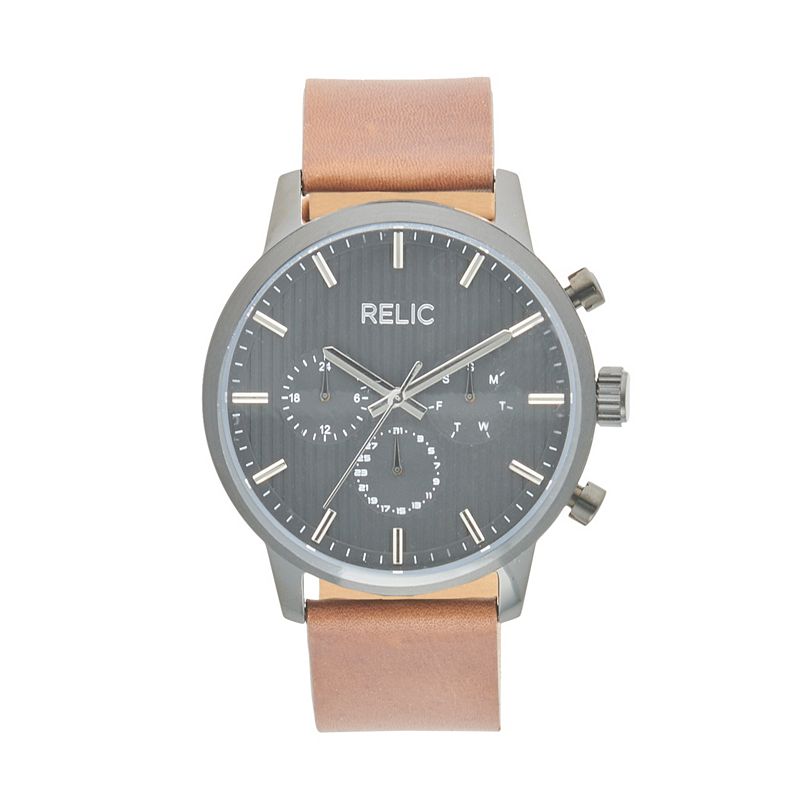 Relic by Fossil Mens Adrian Multifunction Black Metal & Cognac Leather Wat