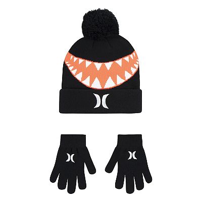 Boys 8 20 Hurley Sharkbait Pom Beanie Hat Gloves Set