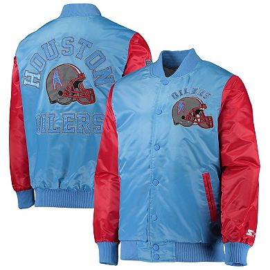 Men's Starter Light Blue/Red Houston Oilers Locker Room Throwback Satin Varsity Full-Snap Jacket
