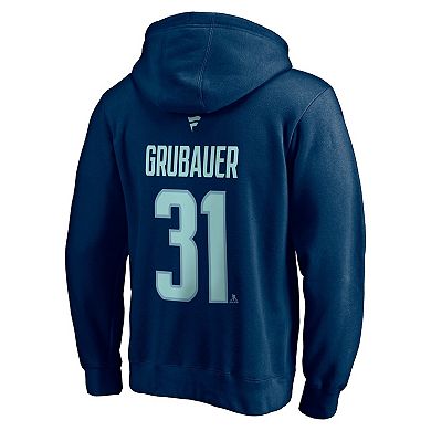 Men's Fanatics Branded Philipp Grubauer Deep Sea Blue Seattle Kraken Authentic Stack Player Name & Number Fitted Pullover Hoodie