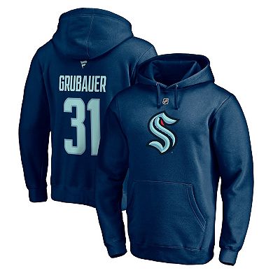 Men's Fanatics Branded Philipp Grubauer Deep Sea Blue Seattle Kraken Authentic Stack Player Name & Number Fitted Pullover Hoodie